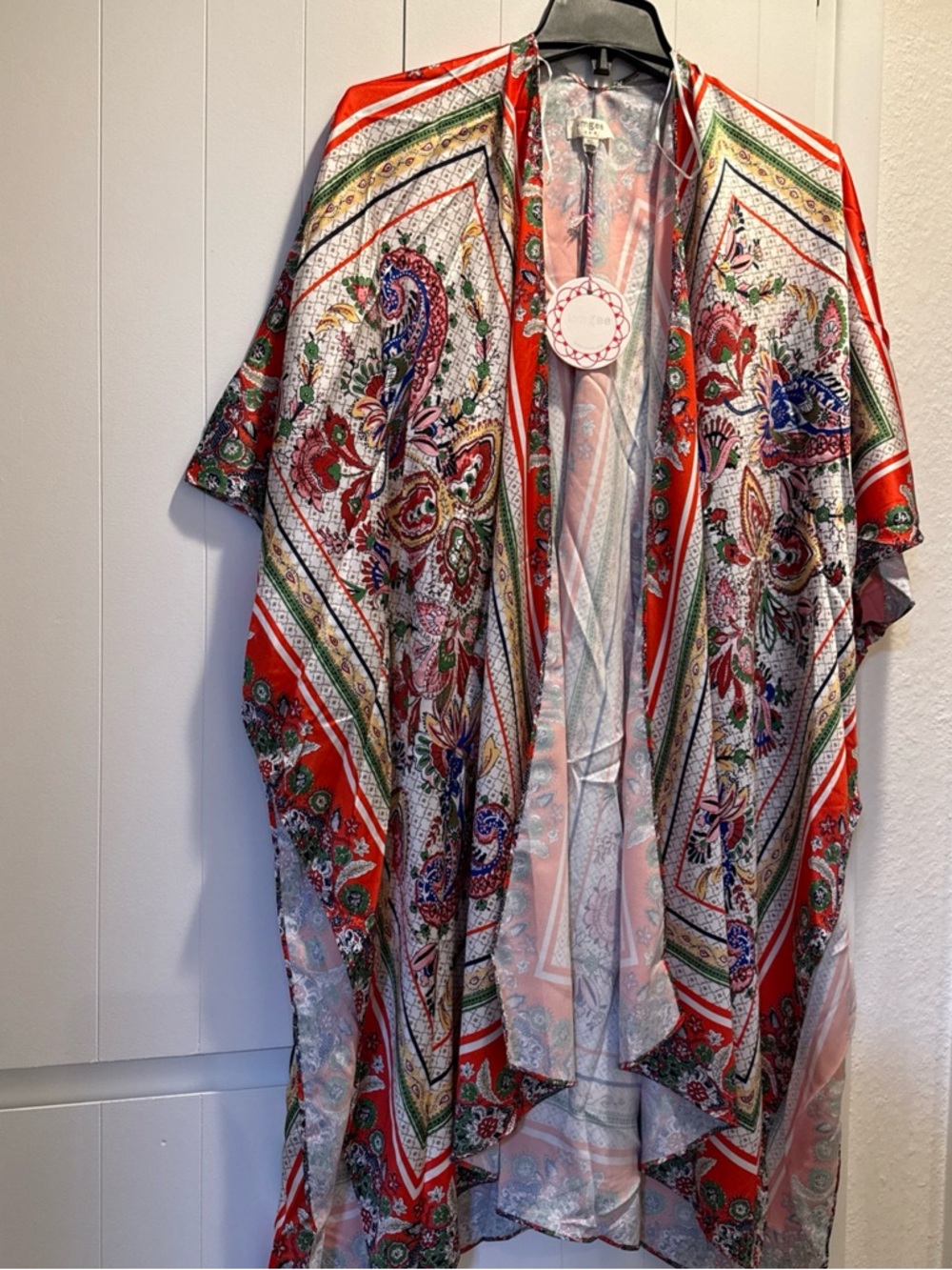 Umgee Red and Green Paisley floral open front Kimono